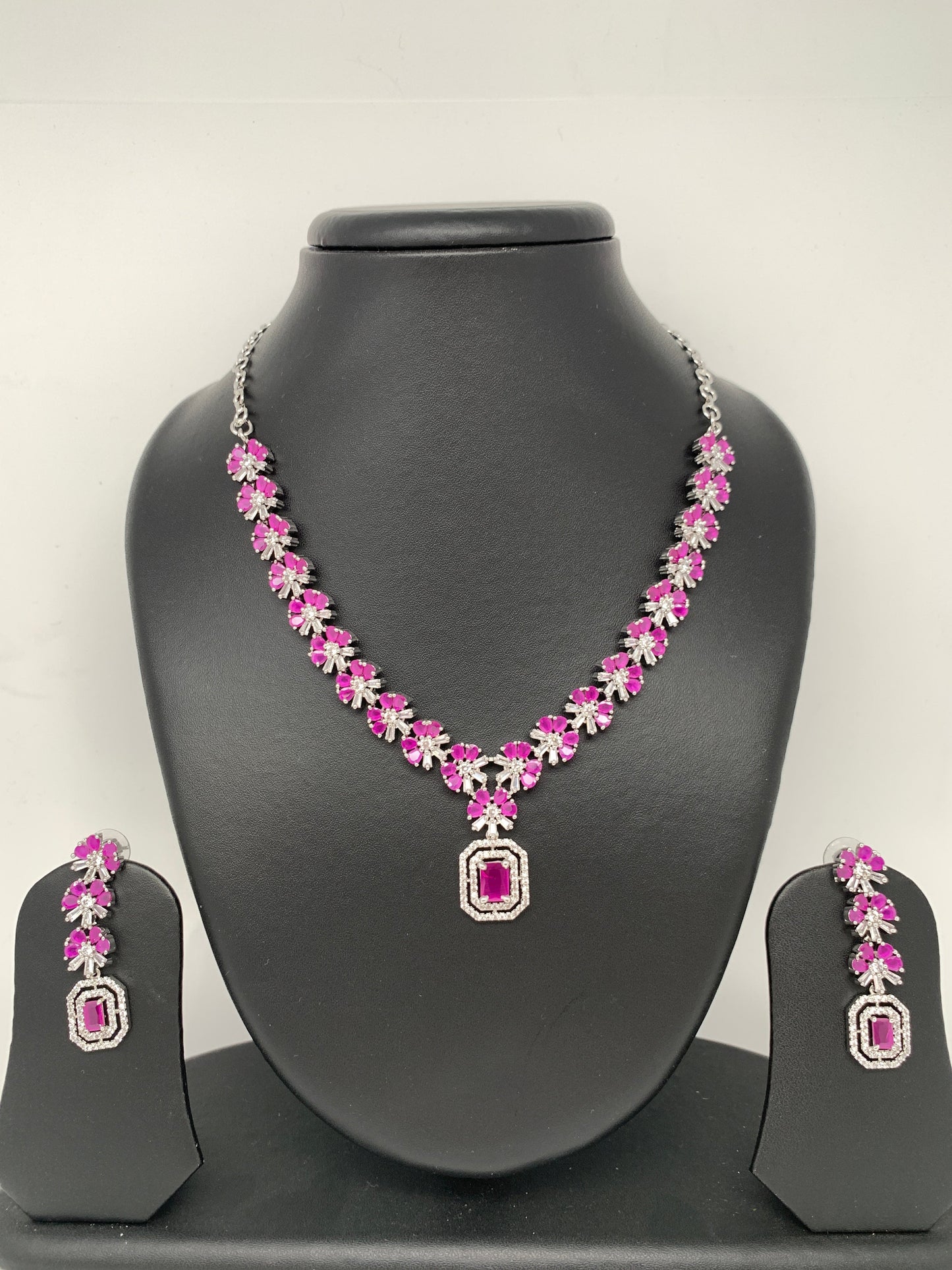AD Silver Polish Pink Stone Short Necklace