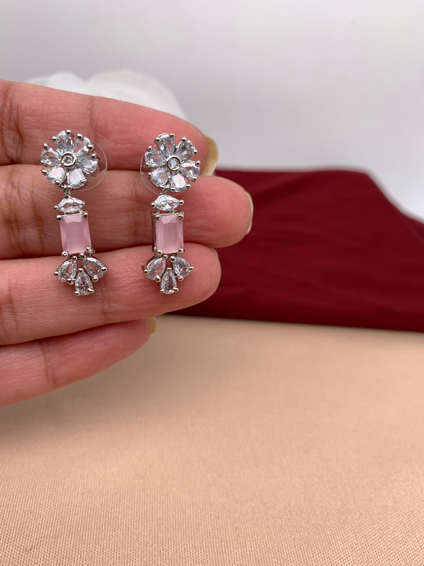 AD Silver Polish Baby Pink Stone Short Necklace