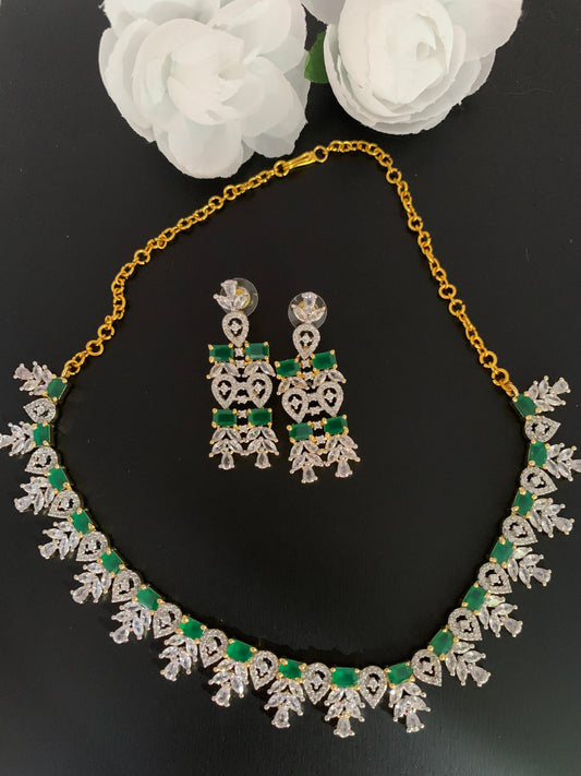 Diamond Finish American Diamond Emerald Green Stone Short Necklace