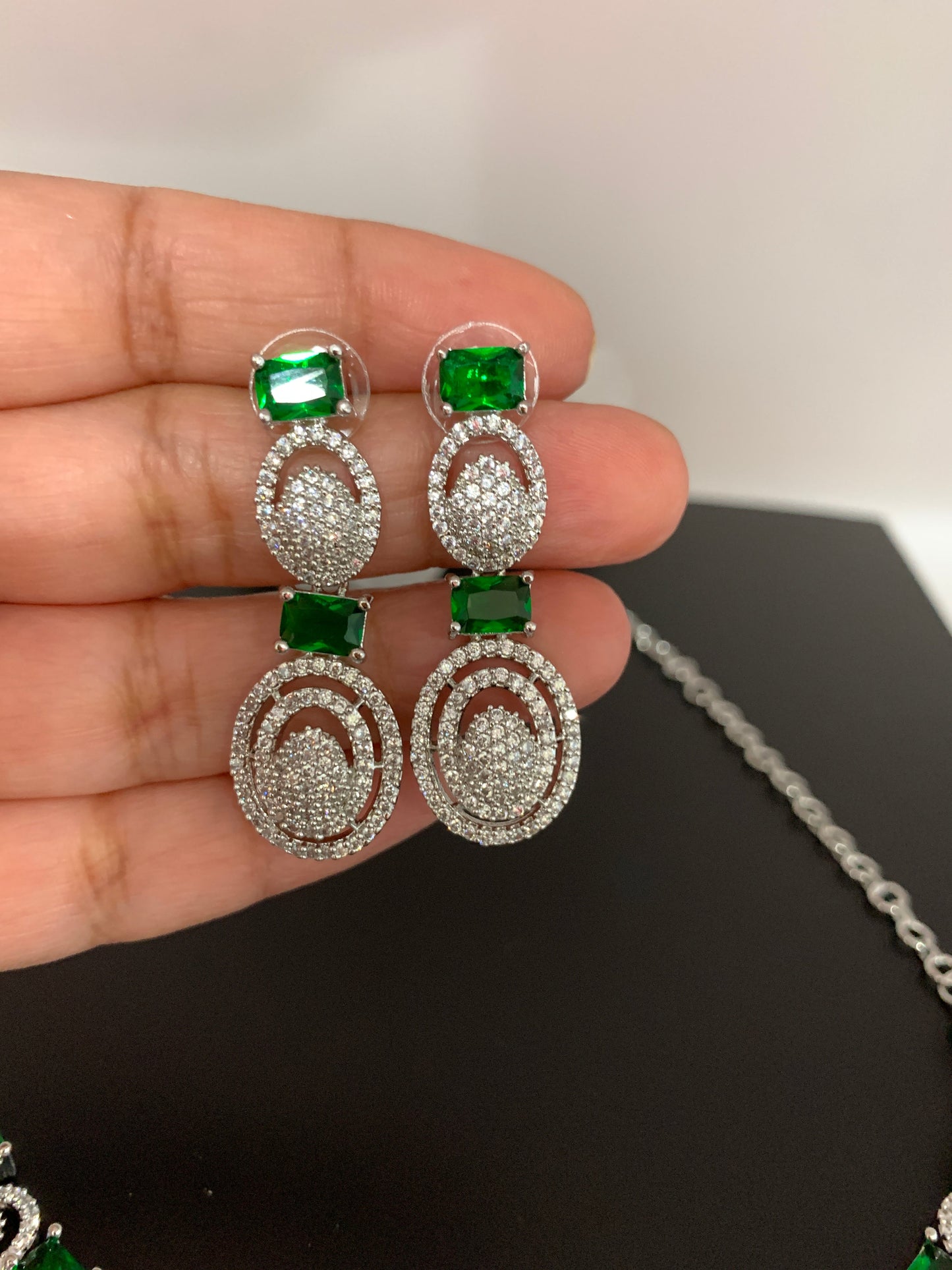 Green Stone Silver Polish American Diamond Short Necklace