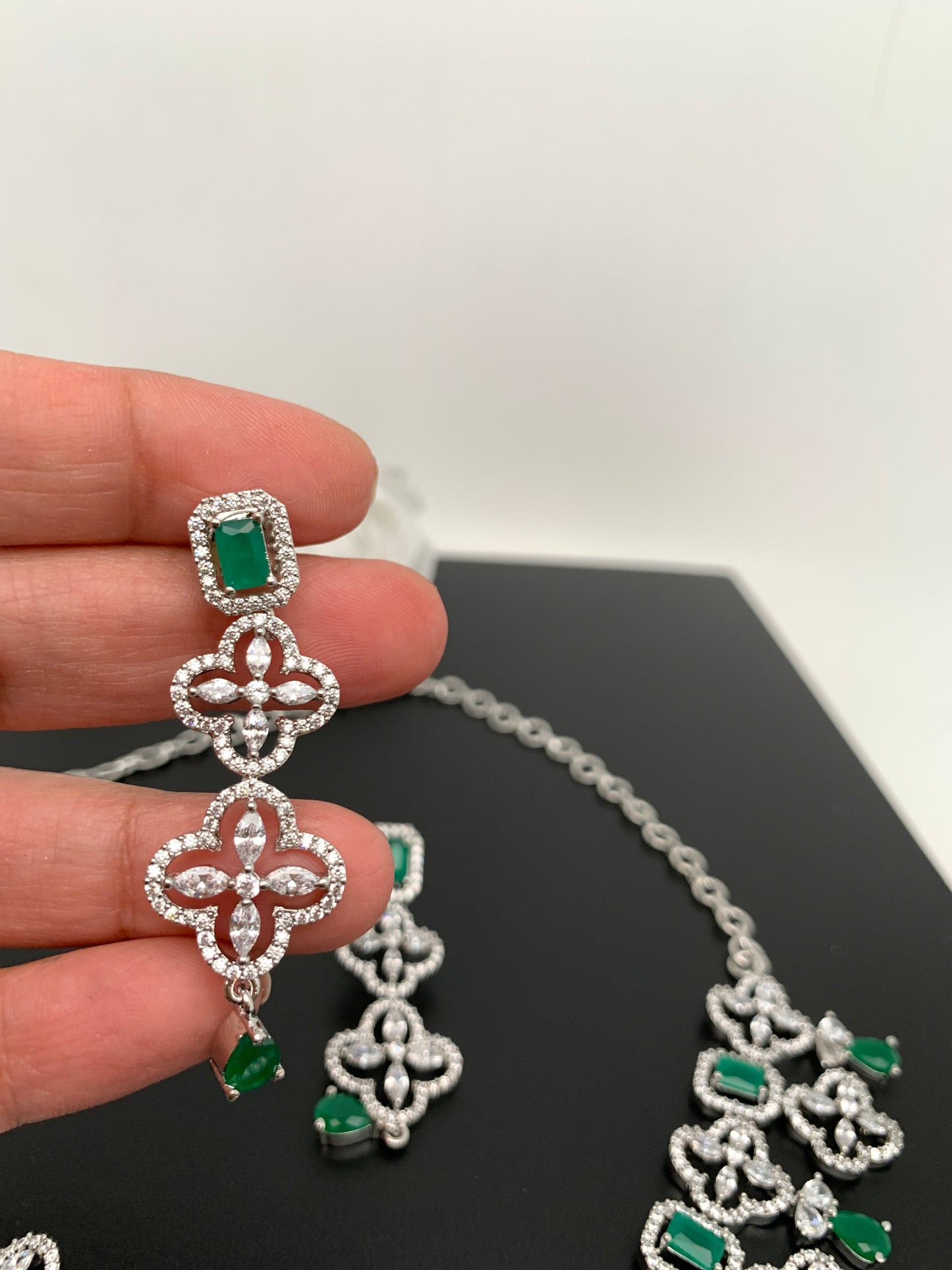 Emrald Green Stone American Diamond Short Necklace in Silver Polish