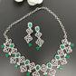 Emrald Green Stone American Diamond Short Necklace in Silver Polish