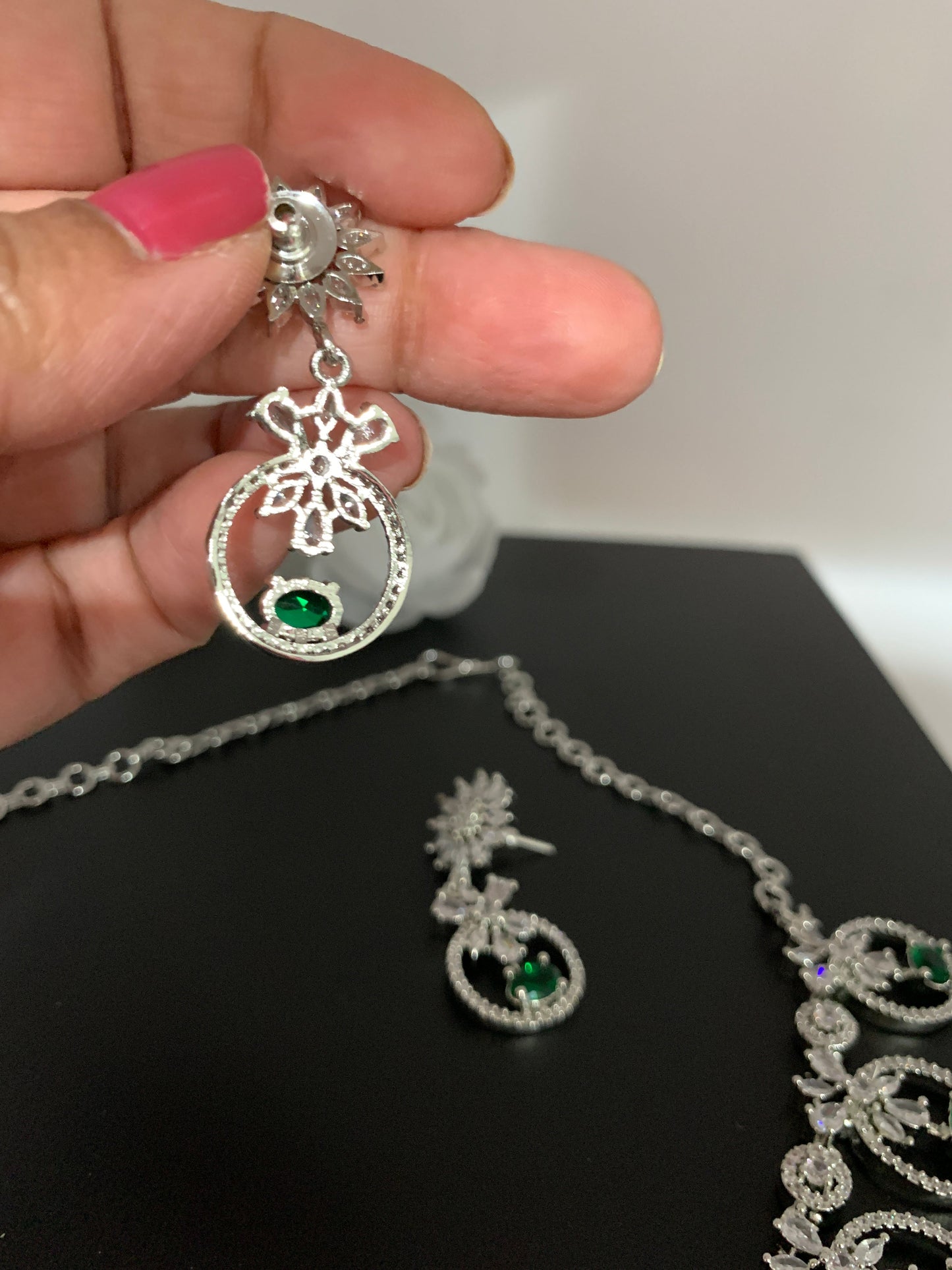 Green Stone American Diamond Floral pattern Short Necklace in Silver Polish
