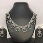 Green Stone American Diamond Floral pattern Short Necklace in Silver Polish