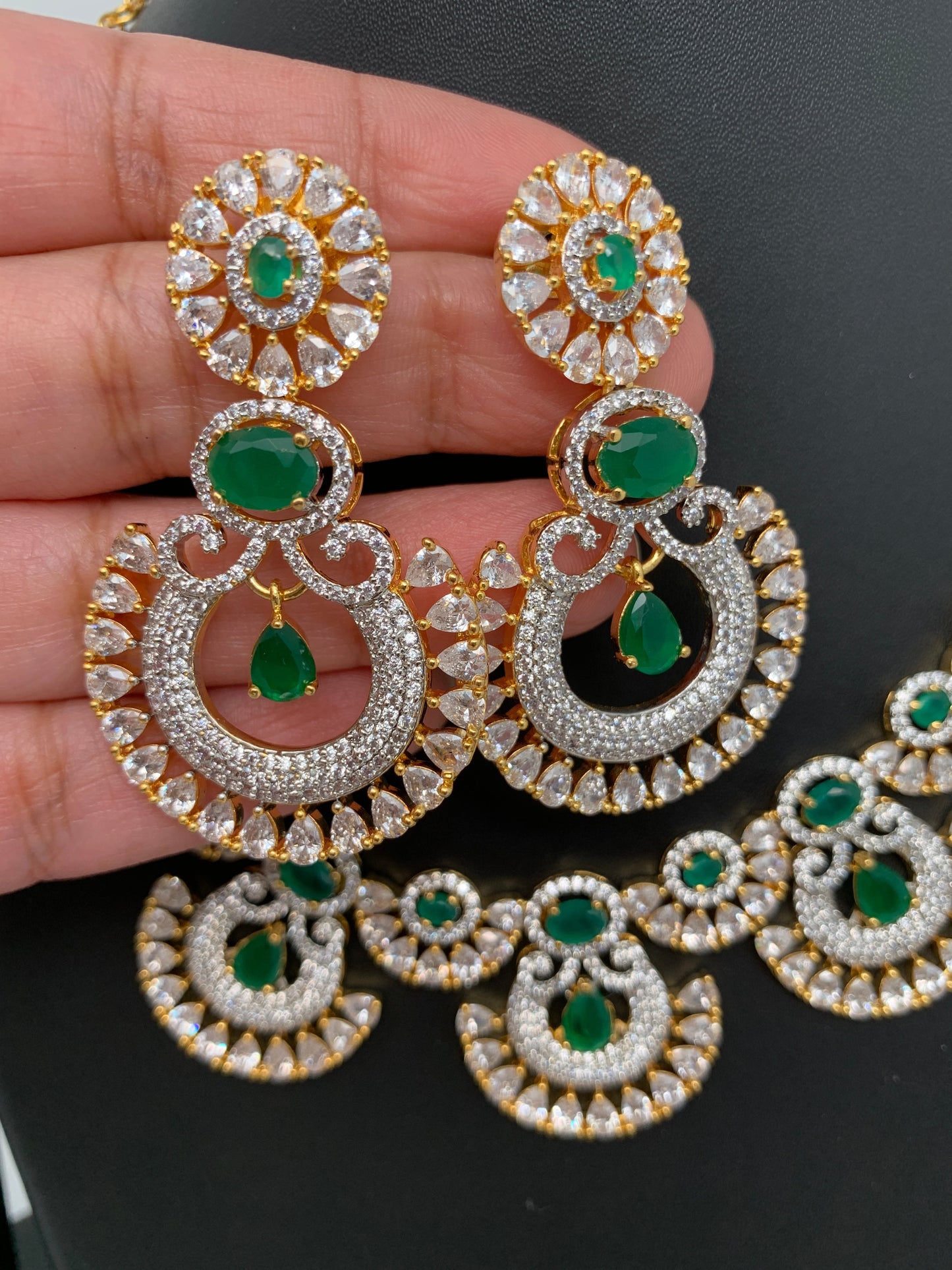 Green Stone American Diamond Finish Short Necklace