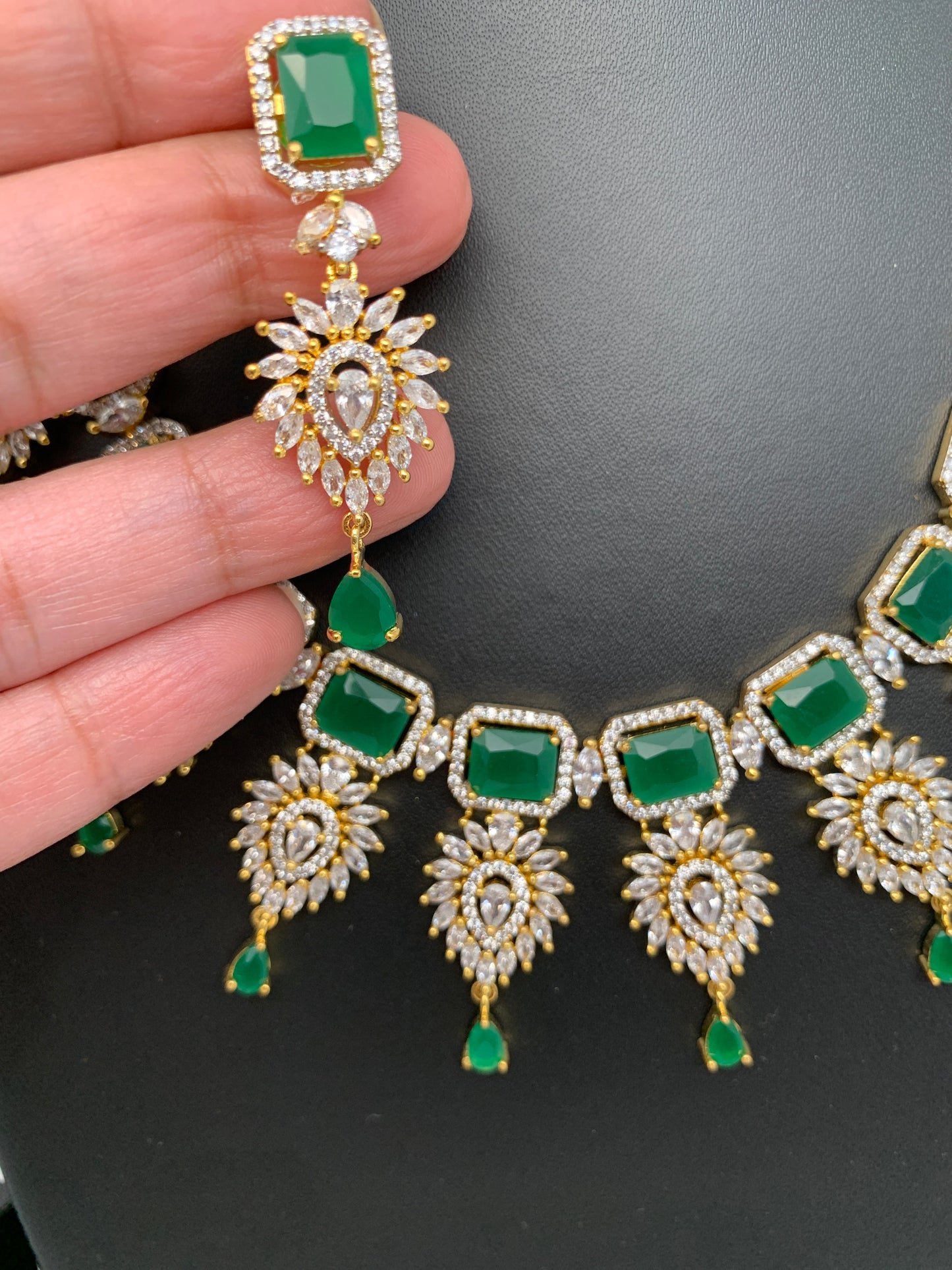 Green Stone Leaf Links American Diamond Finish Short Necklace