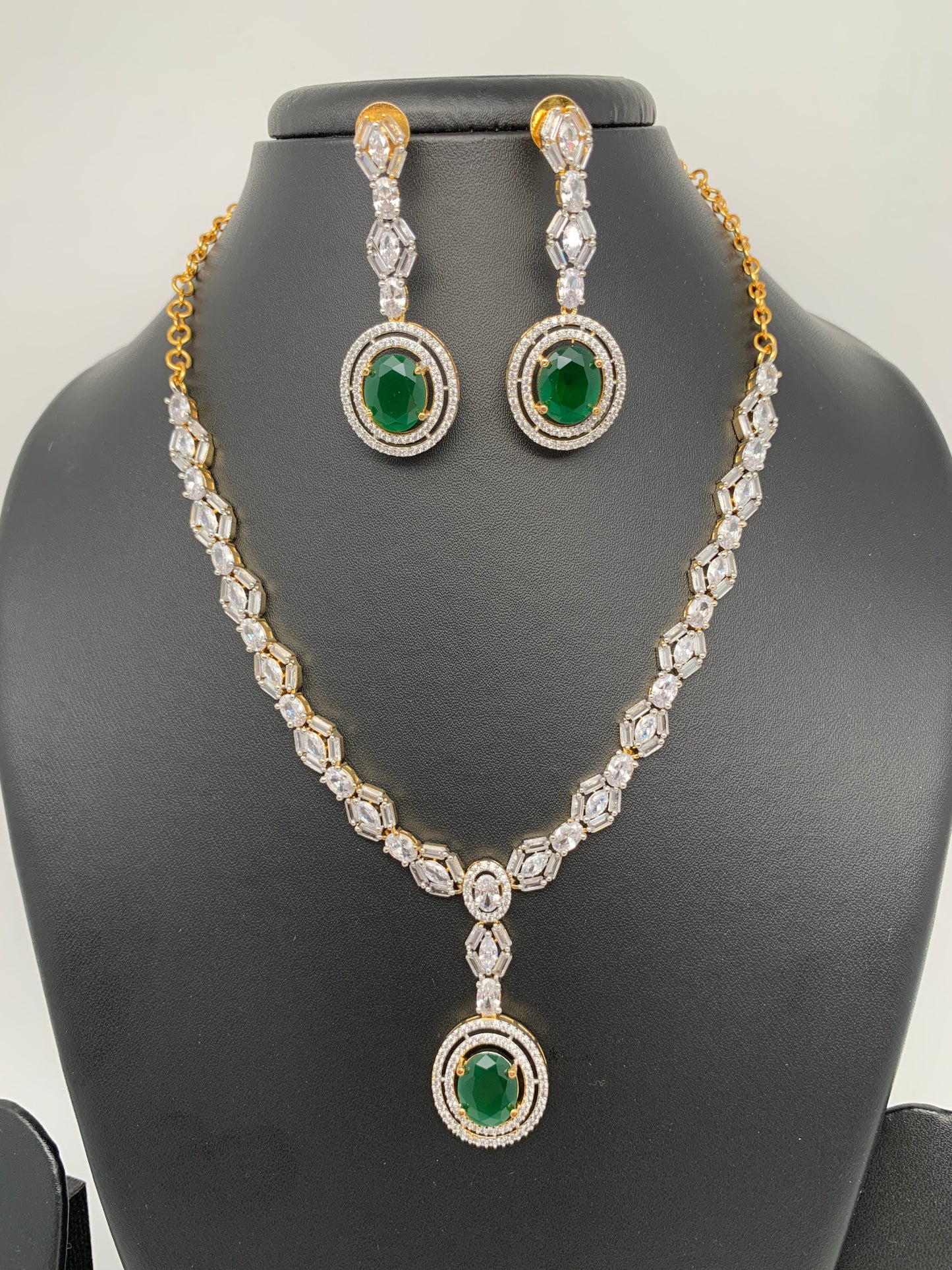 Baguette AD and Green Stone Short Necklace
