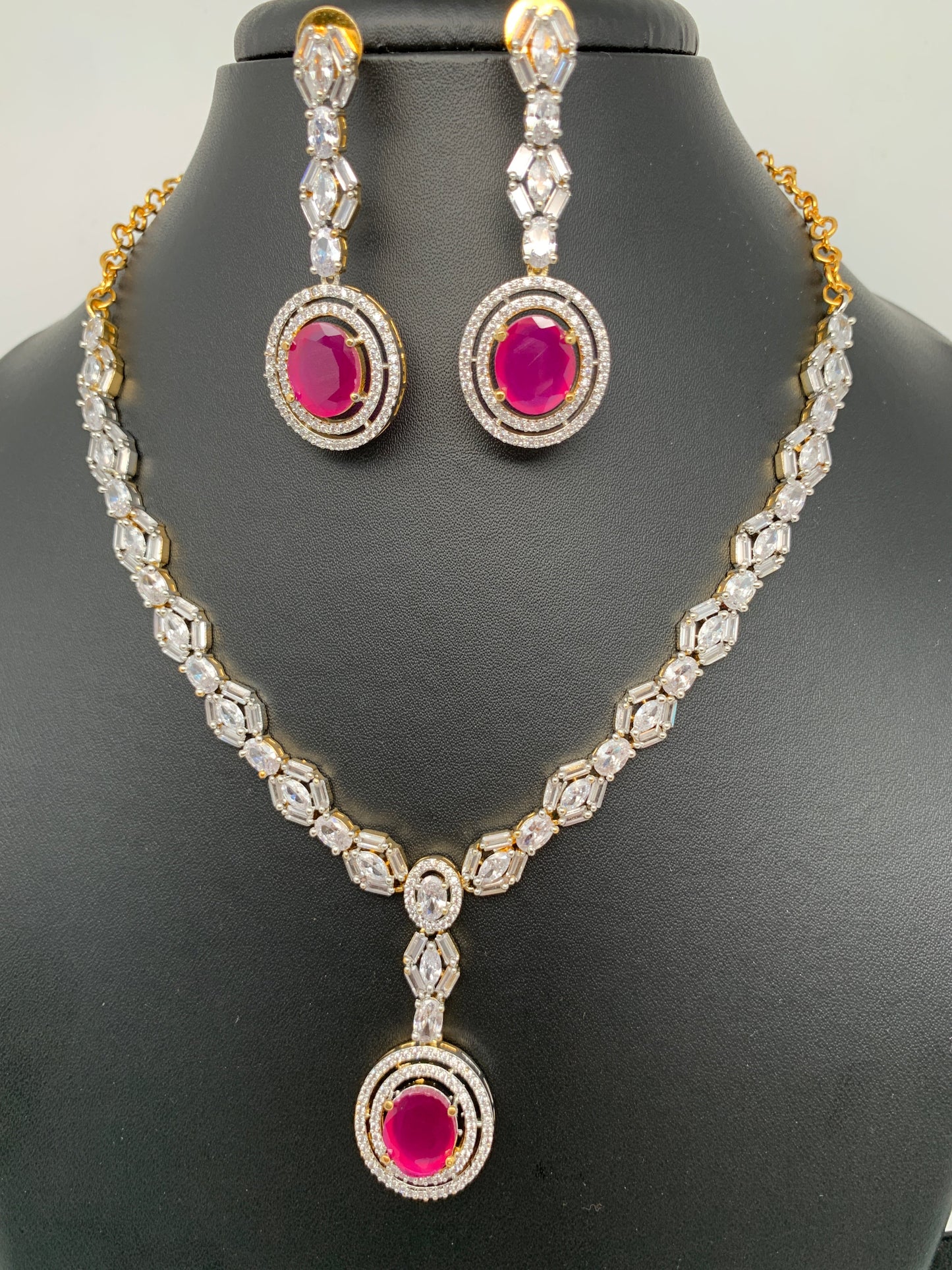 Baguette AD and Red Stone Short Necklace