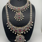 AD Diamond Finish Ganga Jamuna Polish Floral Red Stone Long Short Stiff Necklace Combo Set