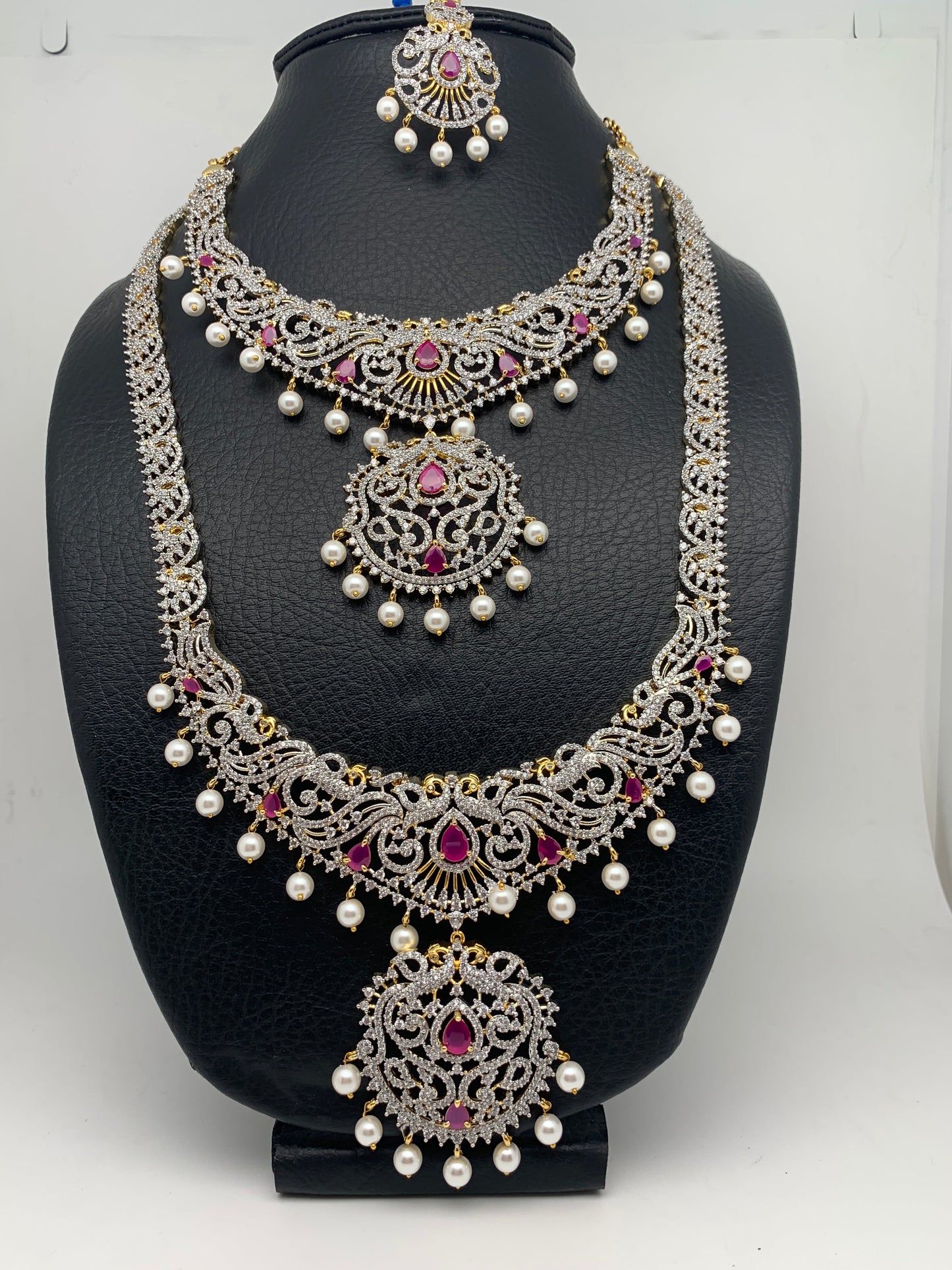 AD Diamond Finish Ganga Jamuna Polish Floral Red Stone Long Short Stiff Necklace Combo Set