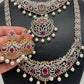 AD Diamond Finish Ganga Jamuna Polish Floral Red Stone Long Short Stiff Necklace Combo Set