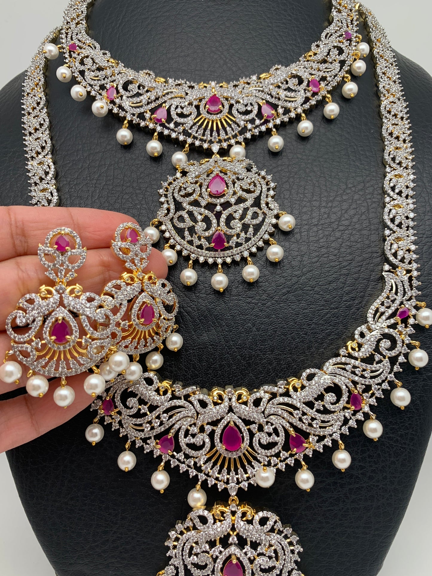 AD Diamond Finish Ganga Jamuna Polish Floral Red Stone Long Short Stiff Necklace Combo Set