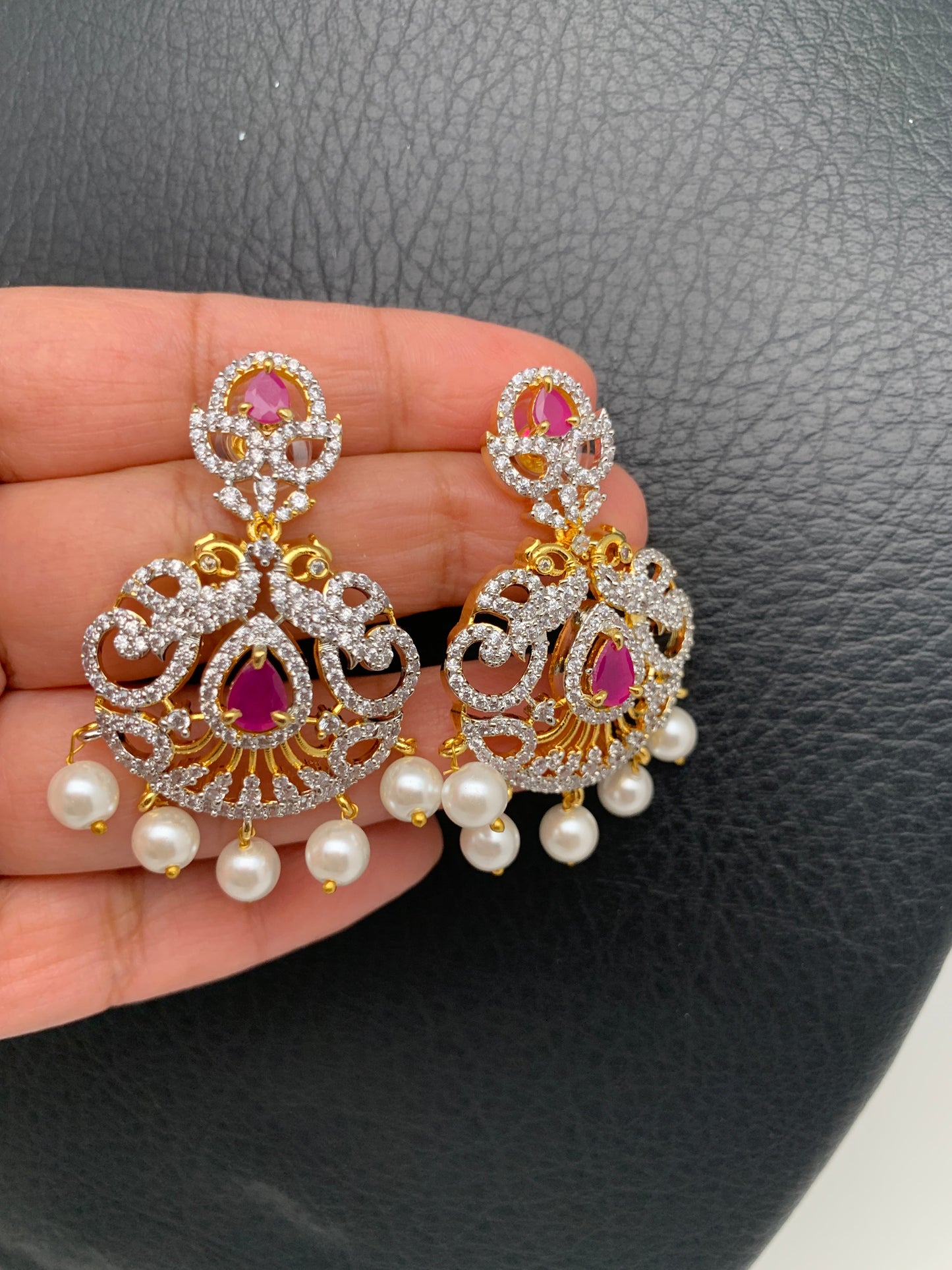 AD Diamond Finish Ganga Jamuna Polish Floral Red Stone Long Short Stiff Necklace Combo Set