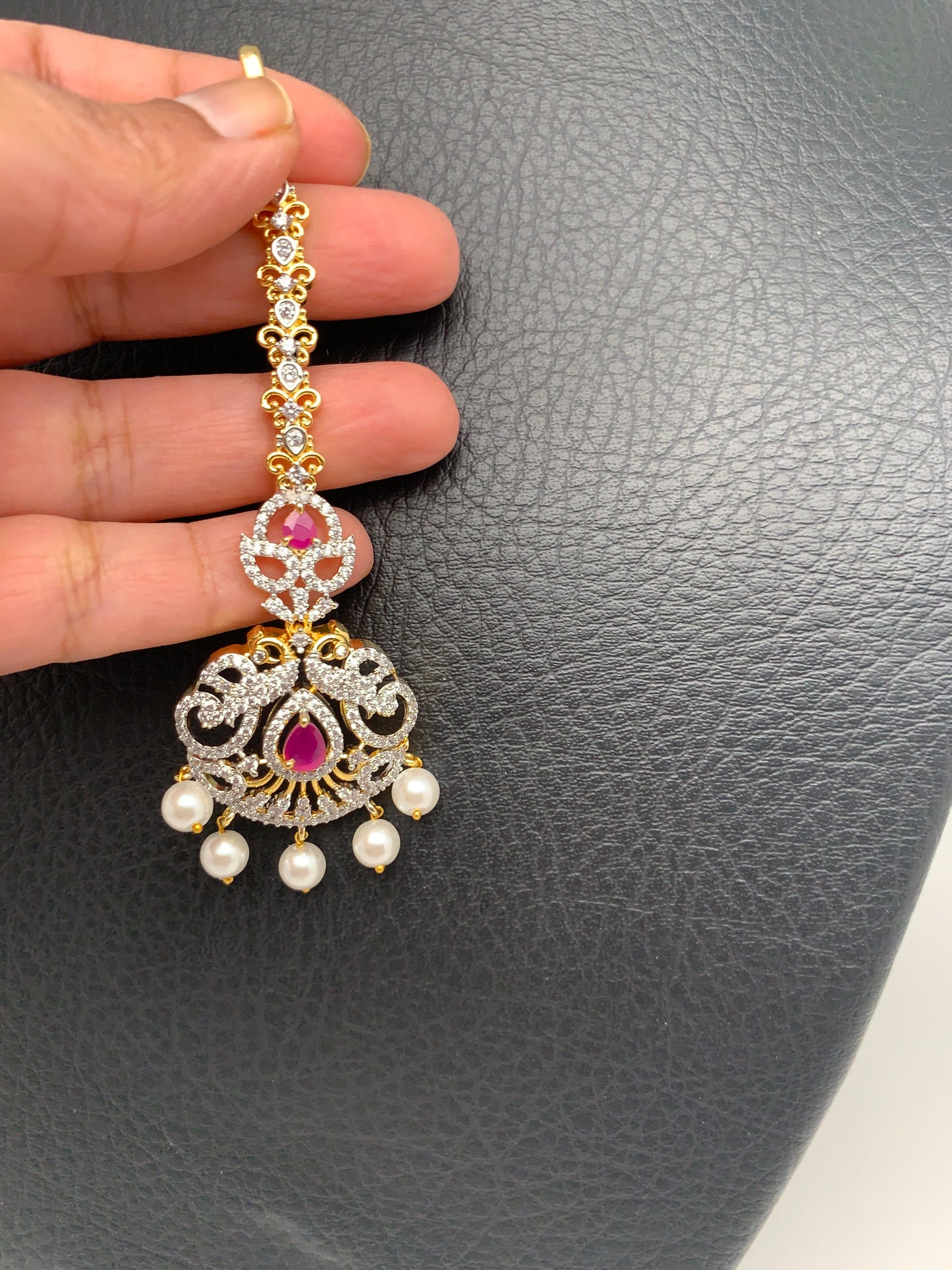 AD Diamond Finish Ganga Jamuna Polish Floral Red Stone Long Short Stiff Necklace Combo Set