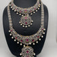 AD Diamond Finish Ganga Jamuna Polish Floral Red Stone Long Short Stiff Necklace Combo Set
