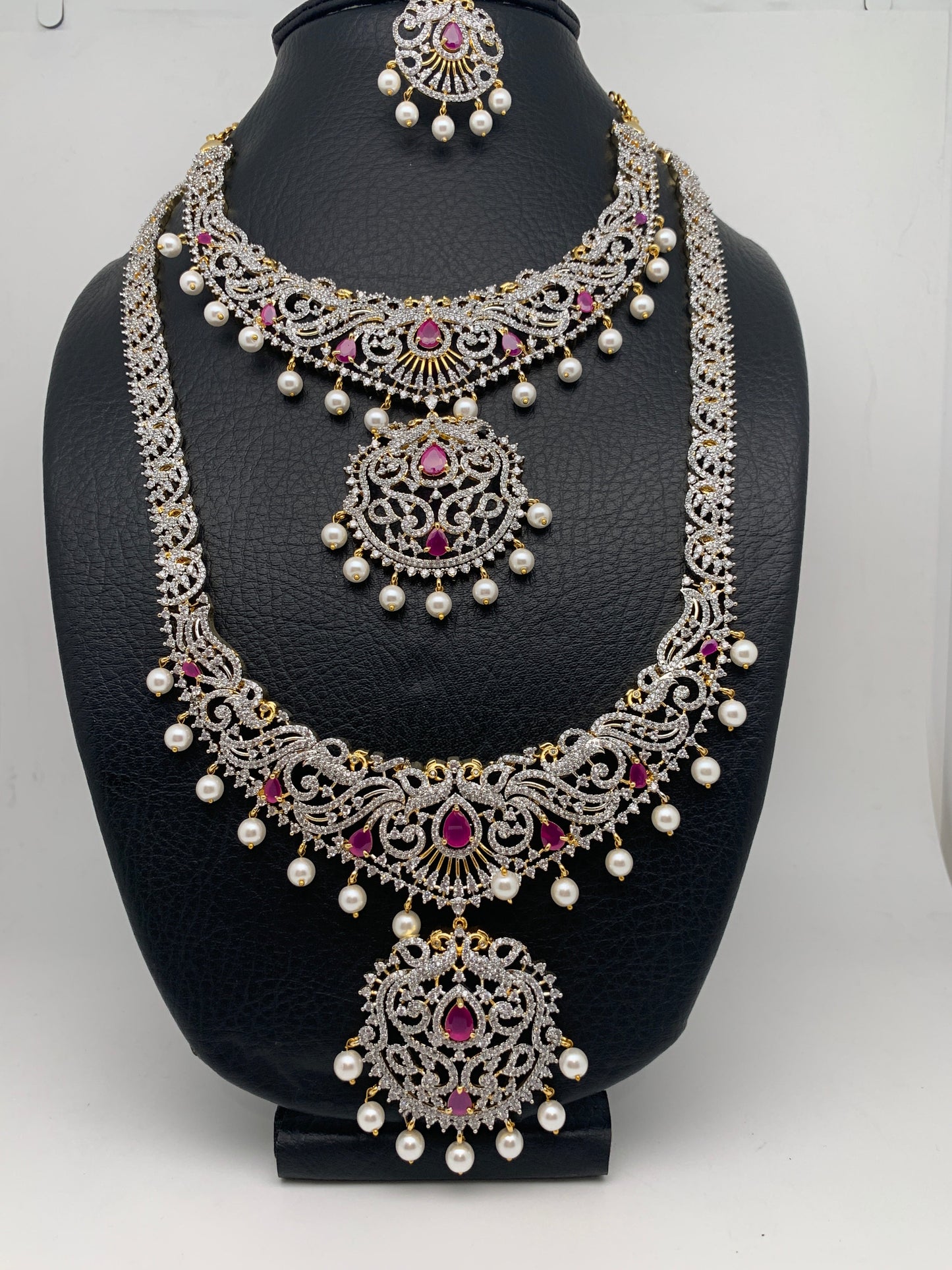 AD Diamond Finish Ganga Jamuna Polish Floral Red Stone Long Short Stiff Necklace Combo Set