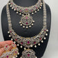 AD Diamond Finish Ganga Jamuna Polish Floral Red Stone Long Short Stiff Necklace Combo Set