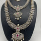 AD Diamond Finish Ganga Jamuna Polish Floral Red Stone Long Short Stiff Necklace Combo Set