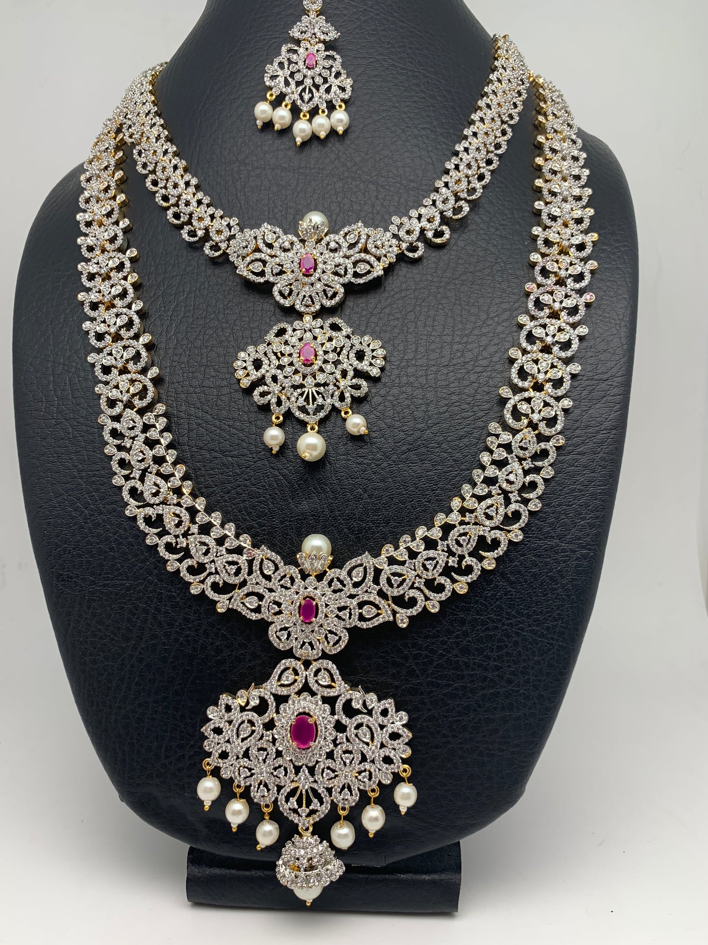 AD Diamond Finish Ganga Jamuna Polish Floral Red Stone Long Short Stiff Necklace Combo Set