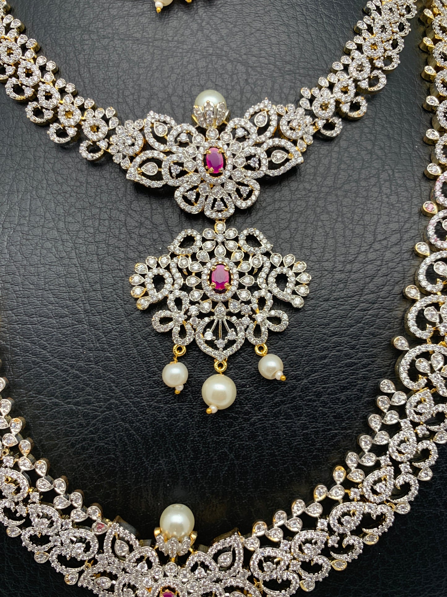 AD Diamond Finish Ganga Jamuna Polish Floral Red Stone Long Short Stiff Necklace Combo Set