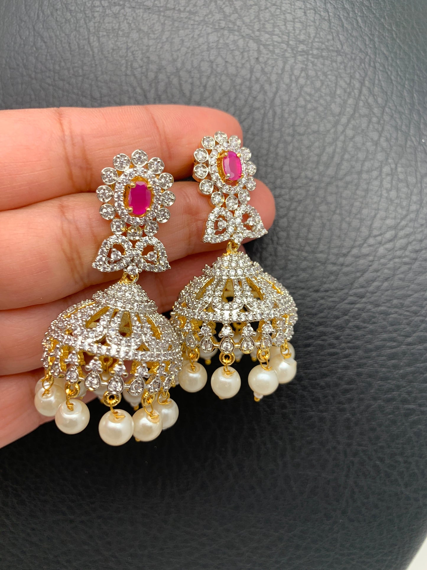 AD Diamond Finish Ganga Jamuna Polish Floral Red Stone Long Short Stiff Necklace Combo Set