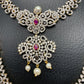 AD Diamond Finish Ganga Jamuna Polish Floral Red Stone Long Short Stiff Necklace Combo Set