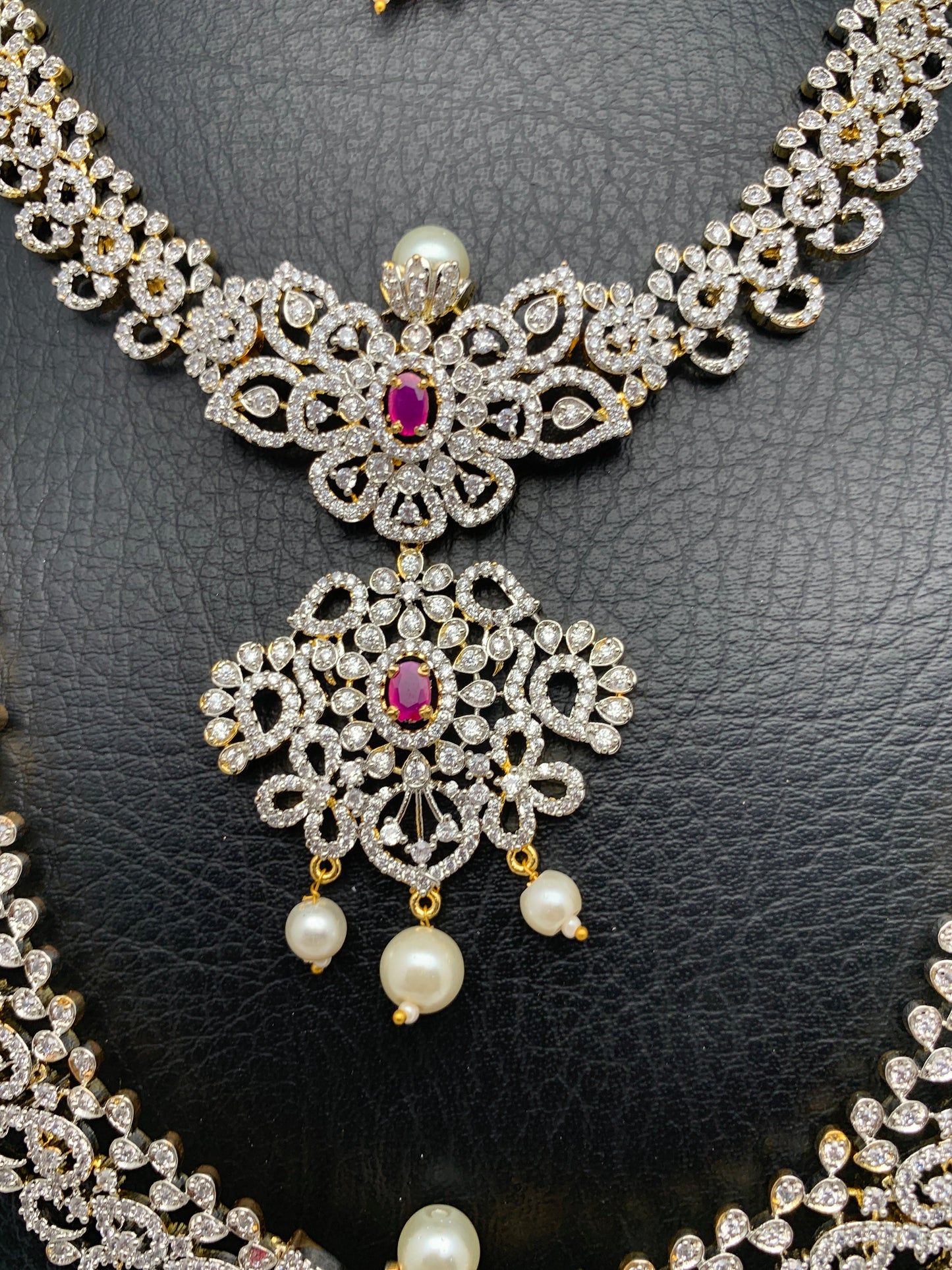 AD Diamond Finish Ganga Jamuna Polish Floral Red Stone Long Short Stiff Necklace Combo Set