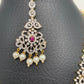 AD Diamond Finish Ganga Jamuna Polish Floral Red Stone Long Short Stiff Necklace Combo Set