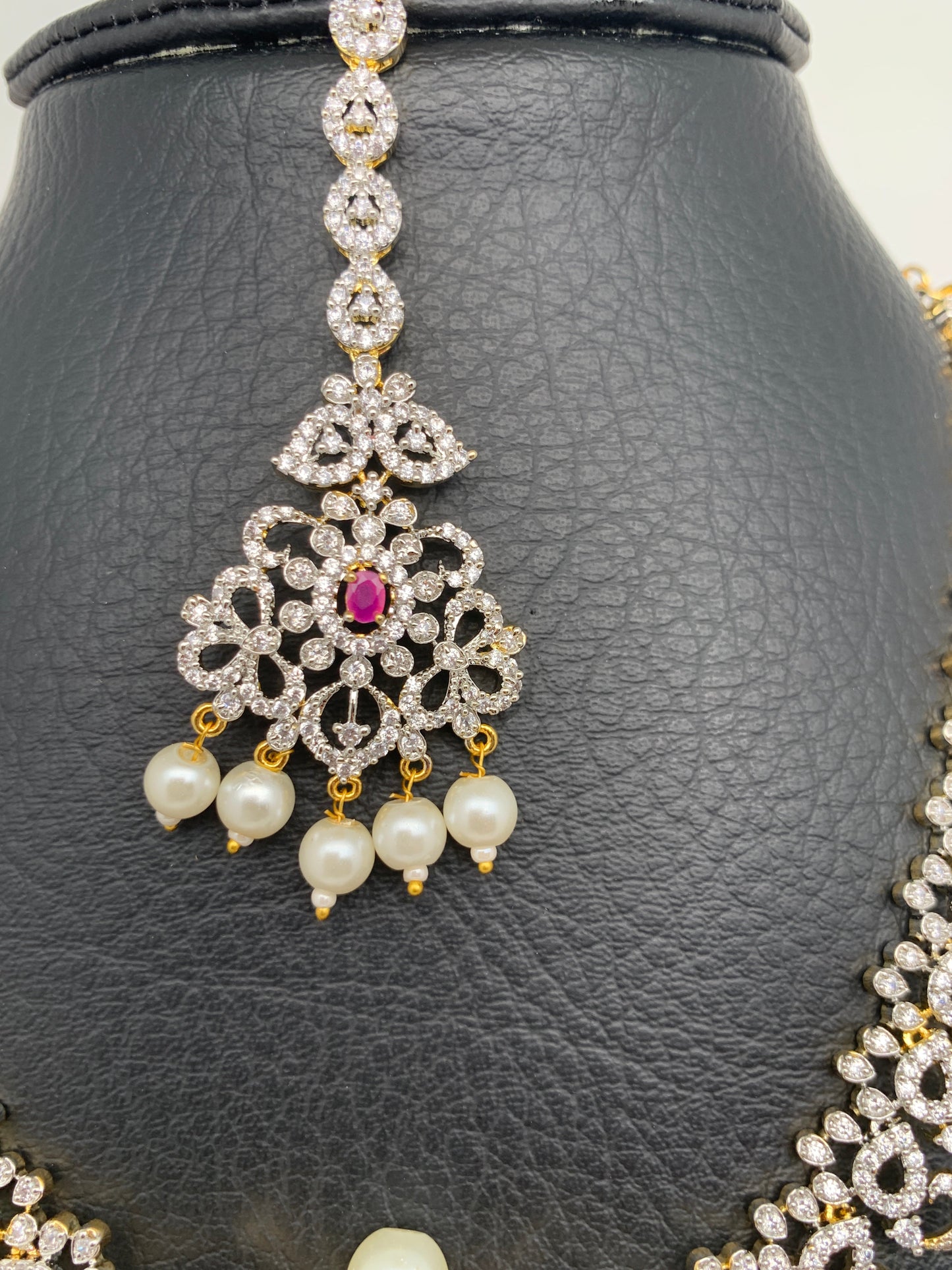 AD Diamond Finish Ganga Jamuna Polish Floral Red Stone Long Short Stiff Necklace Combo Set