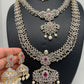 AD Diamond Finish Ganga Jamuna Polish Floral Red Stone Long Short Stiff Necklace Combo Set