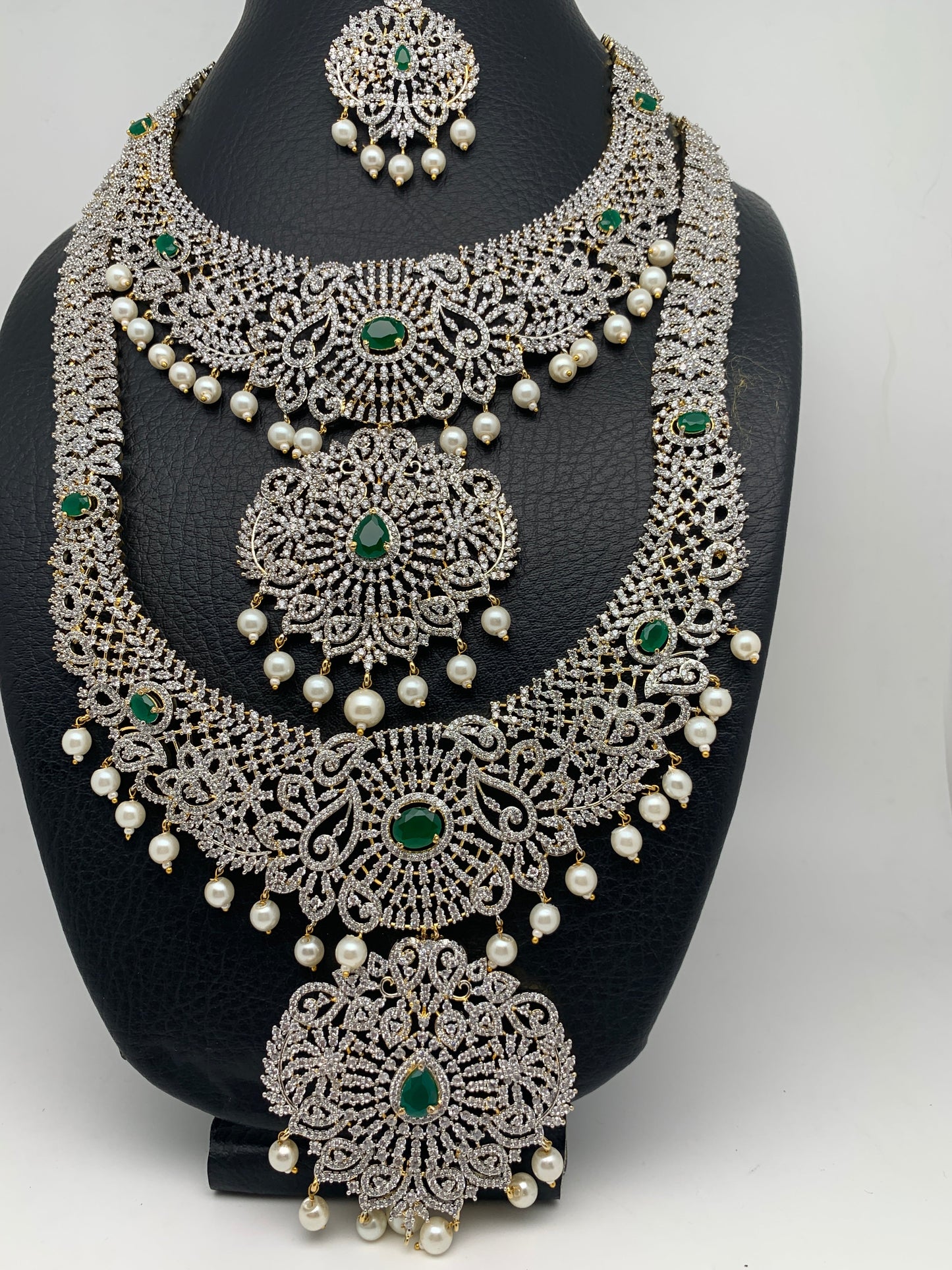 AD Diamond Finish Ganga Jamuna Polish Floral Green Stone Long Short Stiff Necklace Combo Set