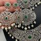 AD Diamond Finish Ganga Jamuna Polish Floral Green Stone Long Short Stiff Necklace Combo Set