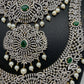 AD Diamond Finish Ganga Jamuna Polish Floral Green Stone Long Short Stiff Necklace Combo Set