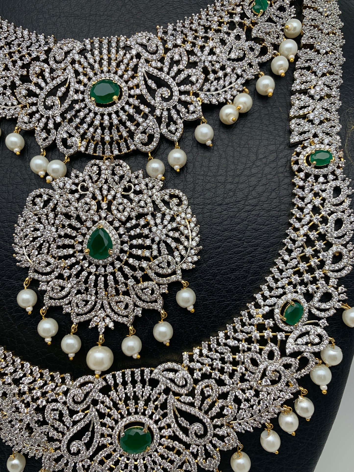 AD Diamond Finish Ganga Jamuna Polish Floral Green Stone Long Short Stiff Necklace Combo Set