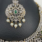 AD Diamond Finish Ganga Jamuna Polish Floral Green Stone Long Short Stiff Necklace Combo Set