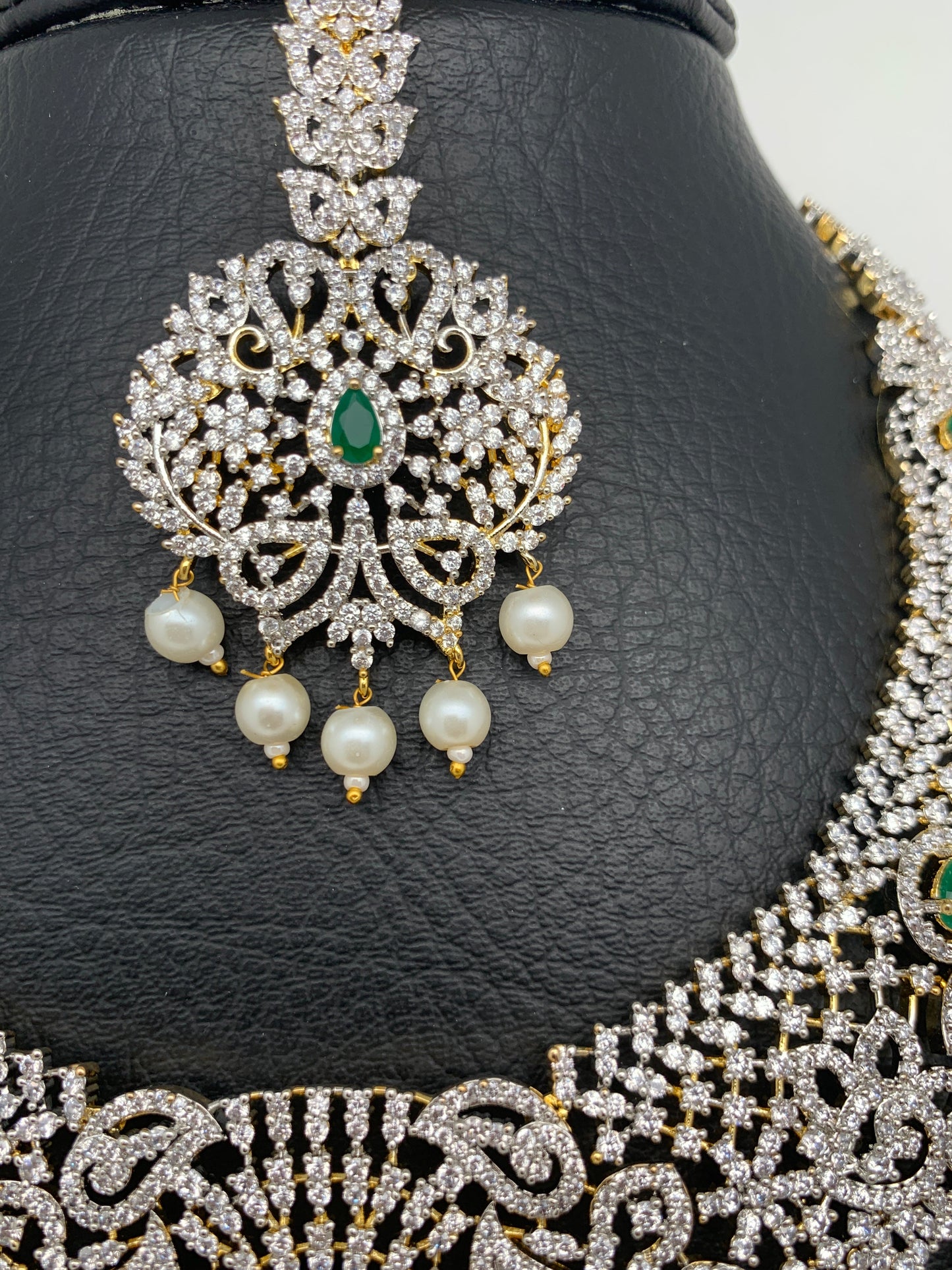 AD Diamond Finish Ganga Jamuna Polish Floral Green Stone Long Short Stiff Necklace Combo Set