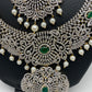 AD Diamond Finish Ganga Jamuna Polish Floral Green Stone Long Short Stiff Necklace Combo Set