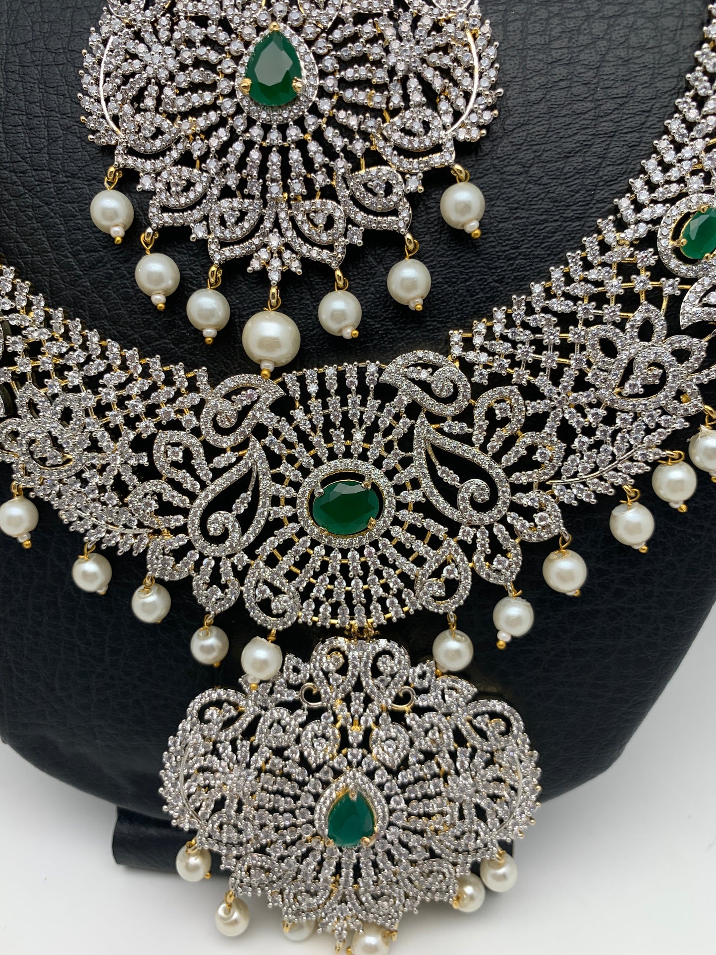 AD Diamond Finish Ganga Jamuna Polish Floral Green Stone Long Short Stiff Necklace Combo Set
