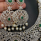 AD Diamond Finish Ganga Jamuna Polish Floral Green Stone Long Short Stiff Necklace Combo Set