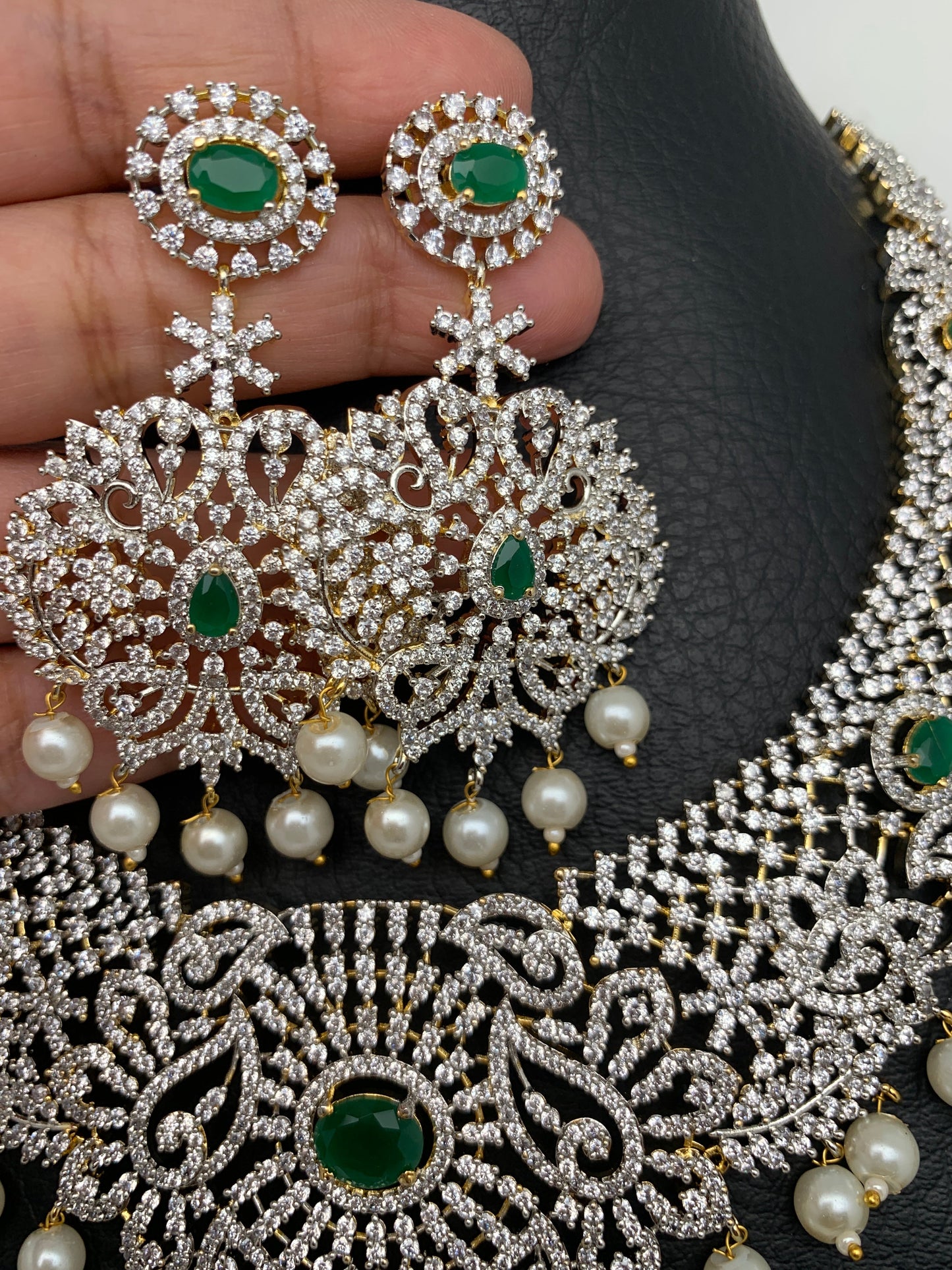 AD Diamond Finish Ganga Jamuna Polish Floral Green Stone Long Short Stiff Necklace Combo Set