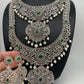 AD Diamond Finish Ganga Jamuna Polish Floral Green Stone Long Short Stiff Necklace Combo Set