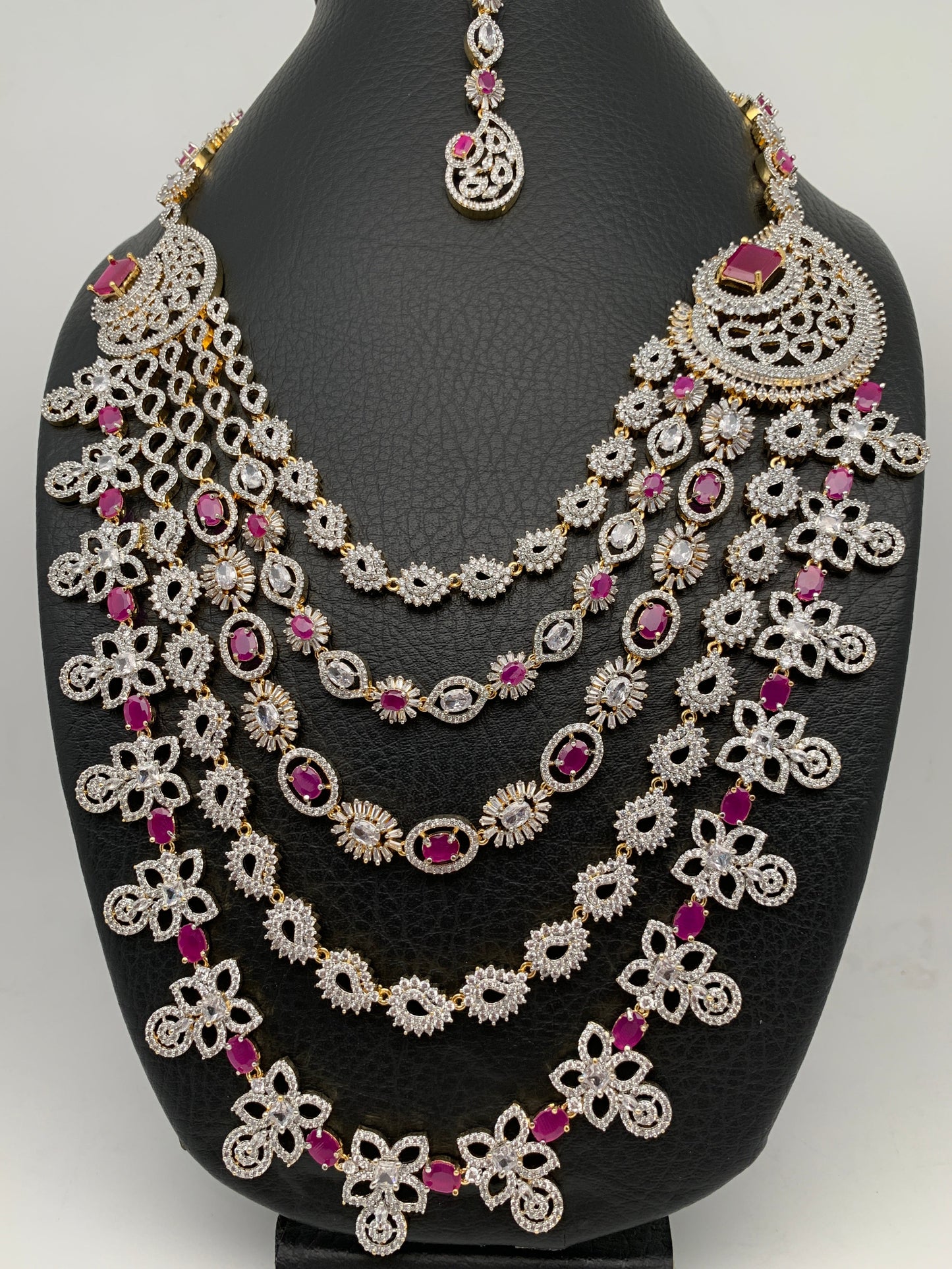 AD Diamond Finish Ruby Red Stone Five Layer Long Necklace