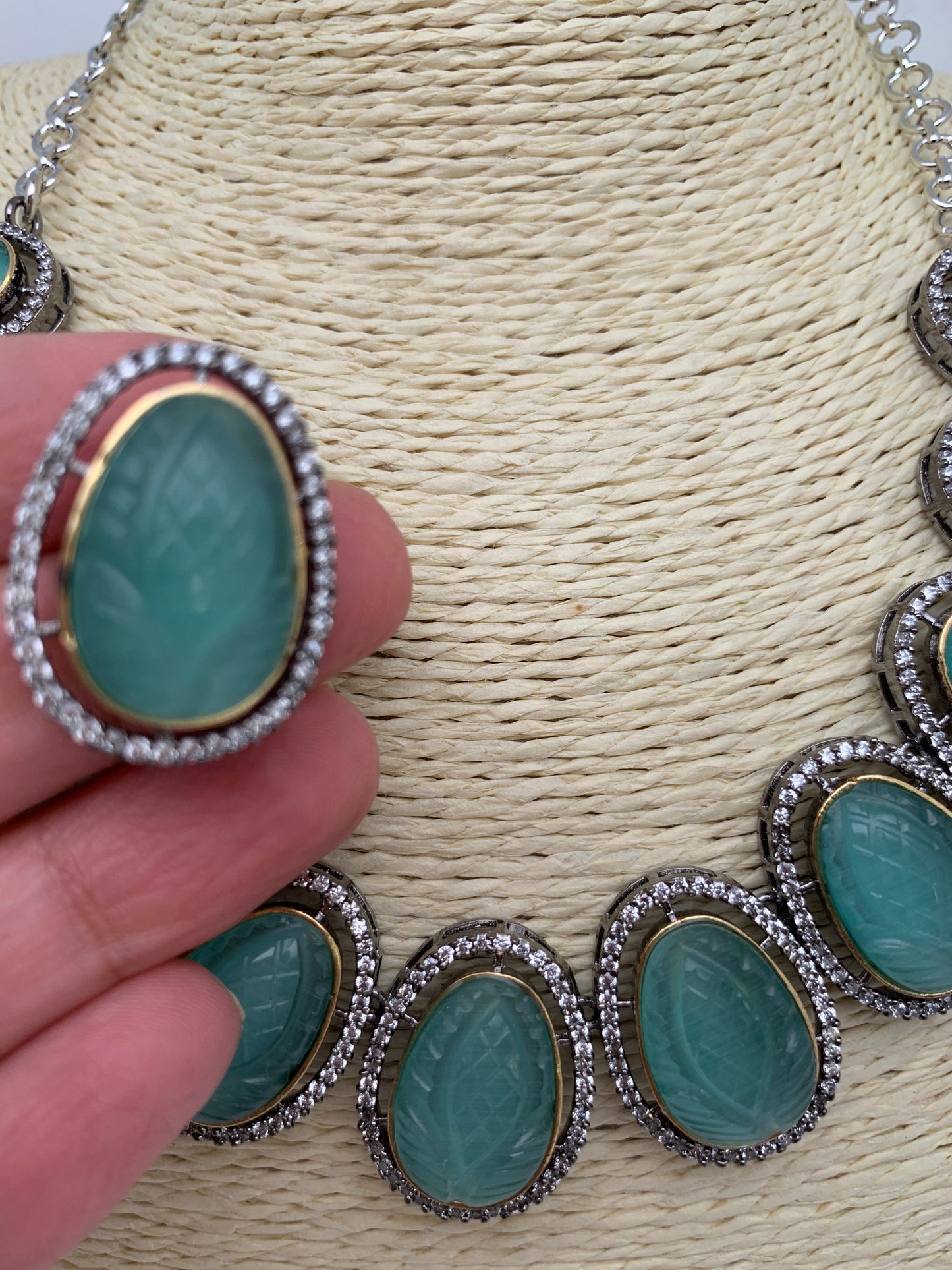 Mint Green Carved Oval Stone AD Victorian Polish Short Necklace