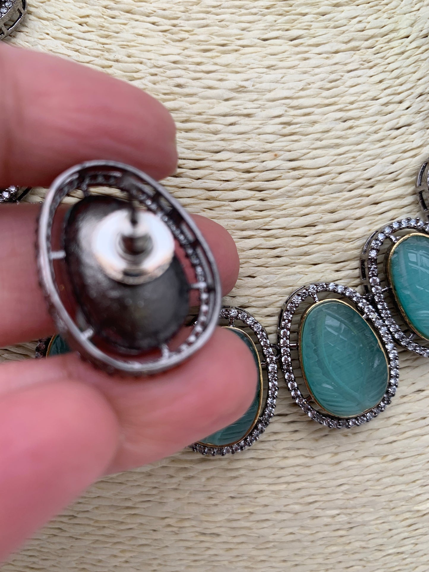 Mint Green Carved Oval Stone AD Victorian Polish Short Necklace