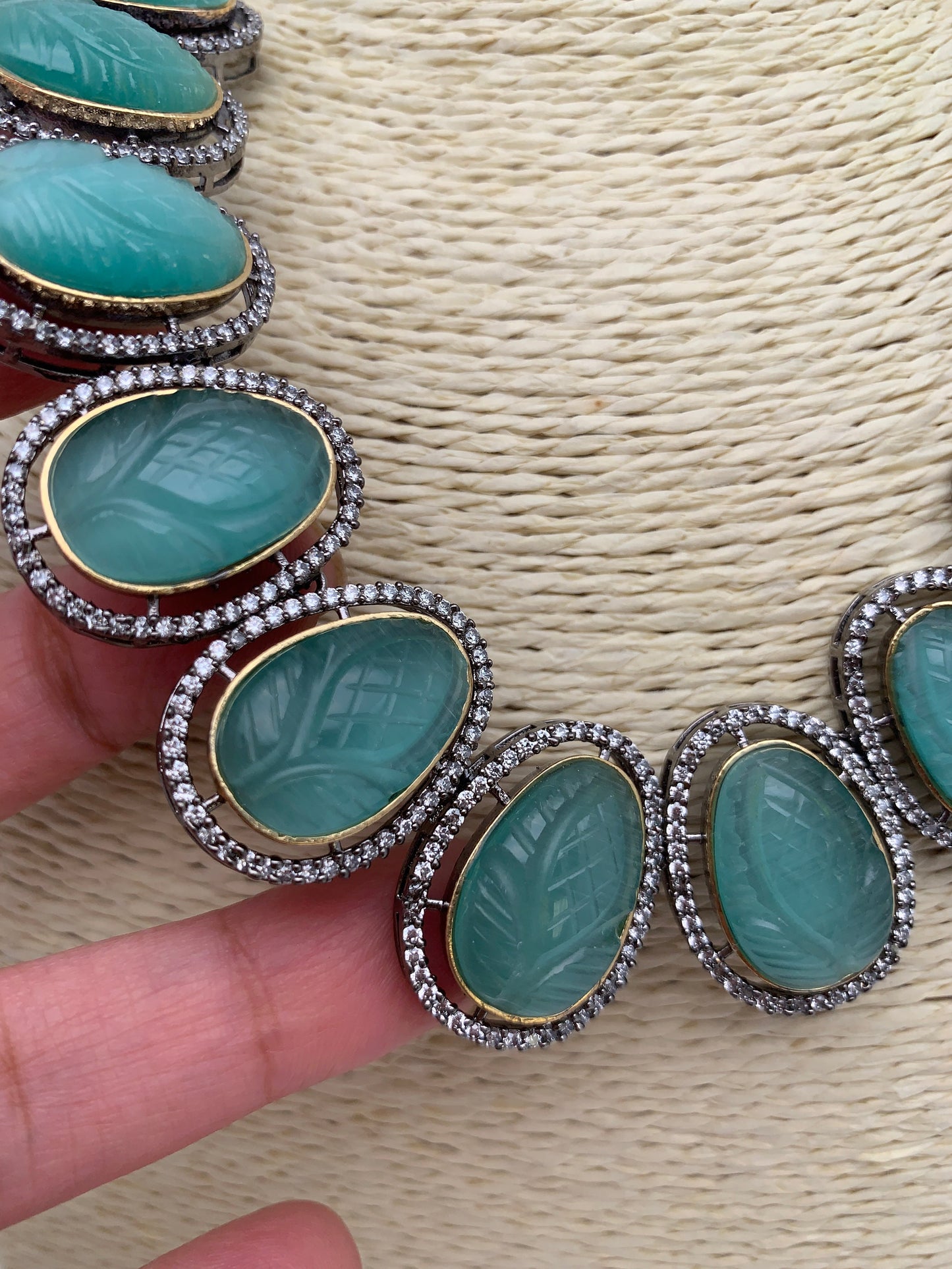 Mint Green Carved Oval Stone AD Victorian Polish Short Necklace