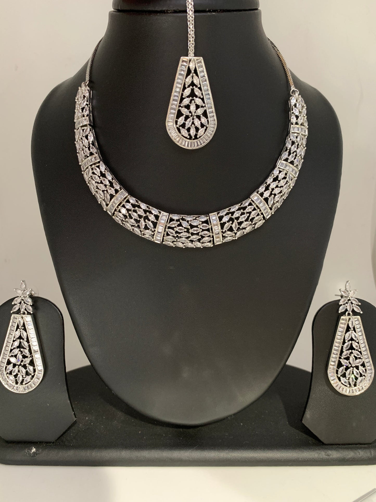 Marquis AD Clear Stone Neckline Necklace in Silver Polish