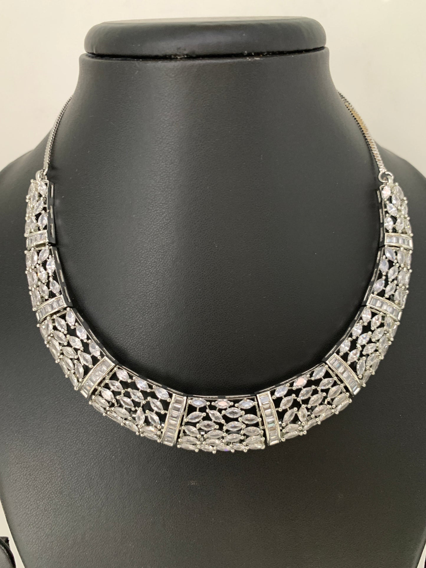 Marquis AD Clear Stone Neckline Necklace in Silver Polish