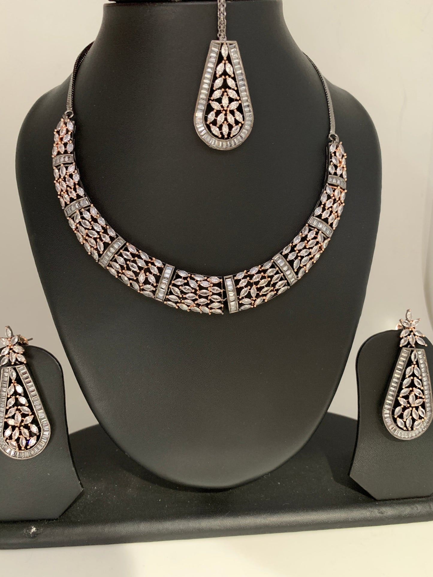Marquis AD Clear Stone Neckline Necklace in Victorain Dual Tone Polish