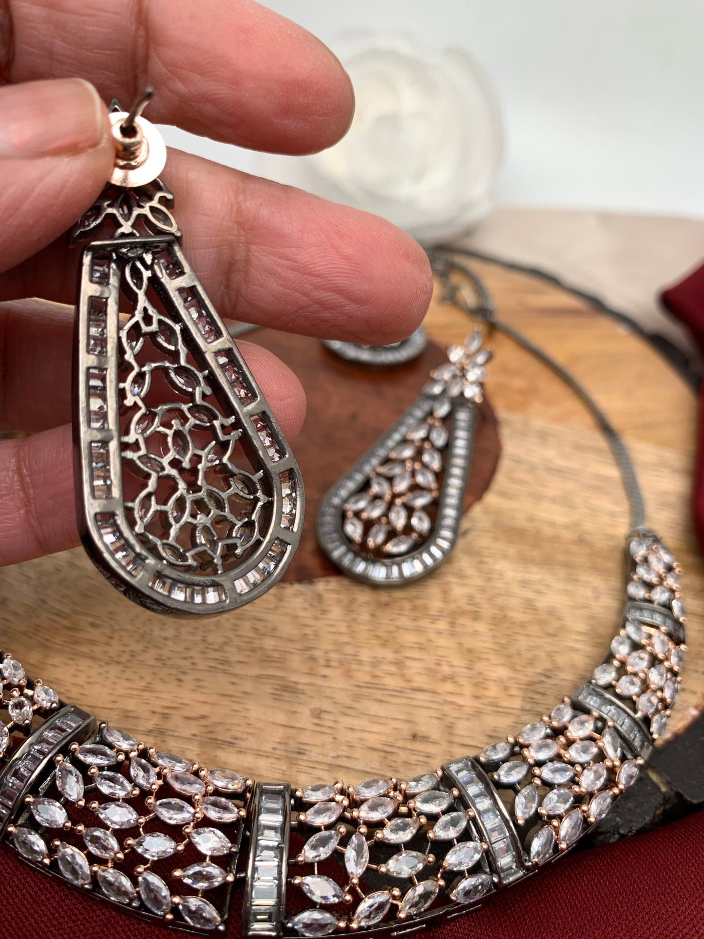 Marquis AD Clear Stone Neckline Necklace in Victorain Dual Tone Polish