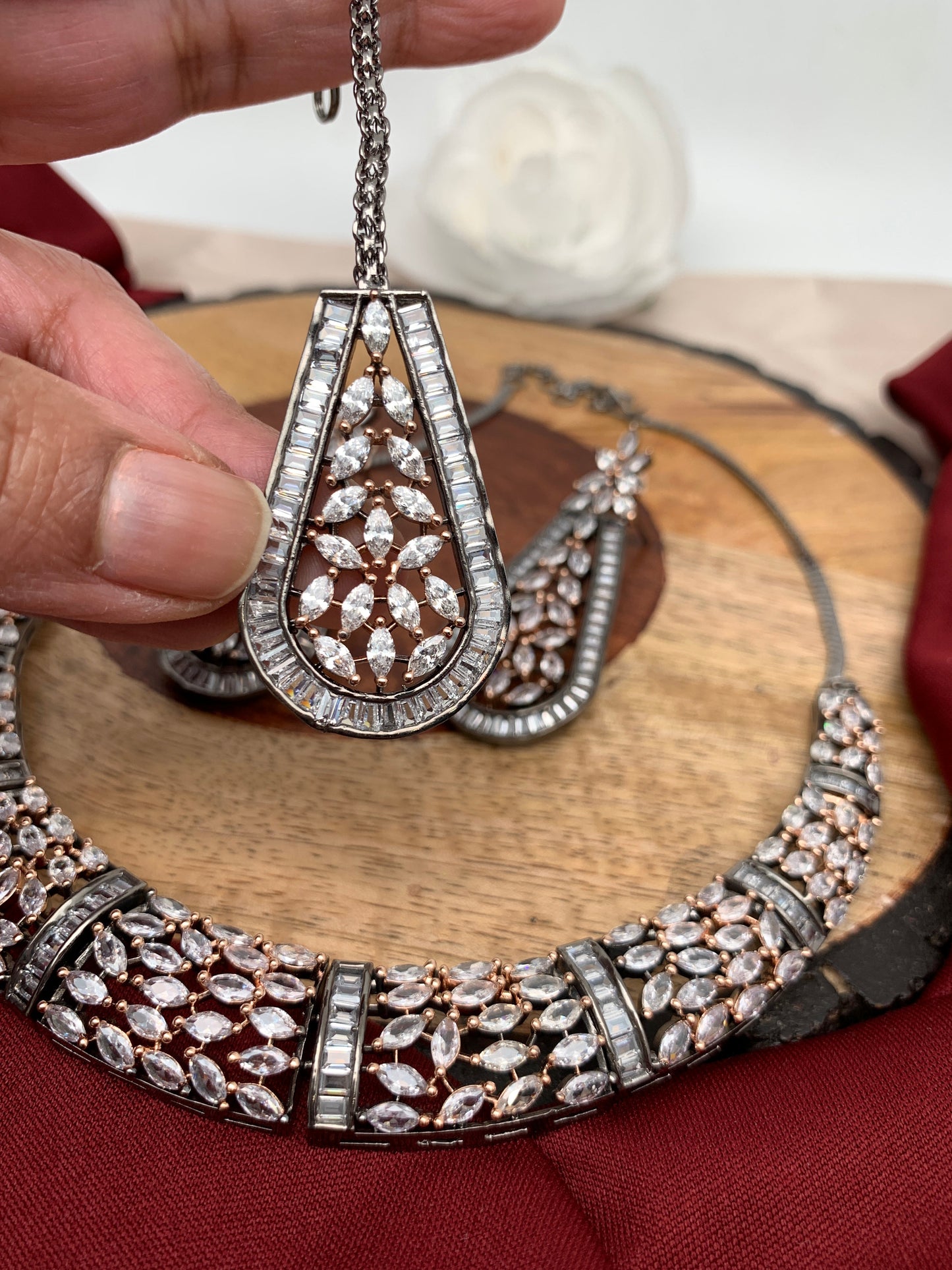 Marquis AD Clear Stone Neckline Necklace in Victorain Dual Tone Polish
